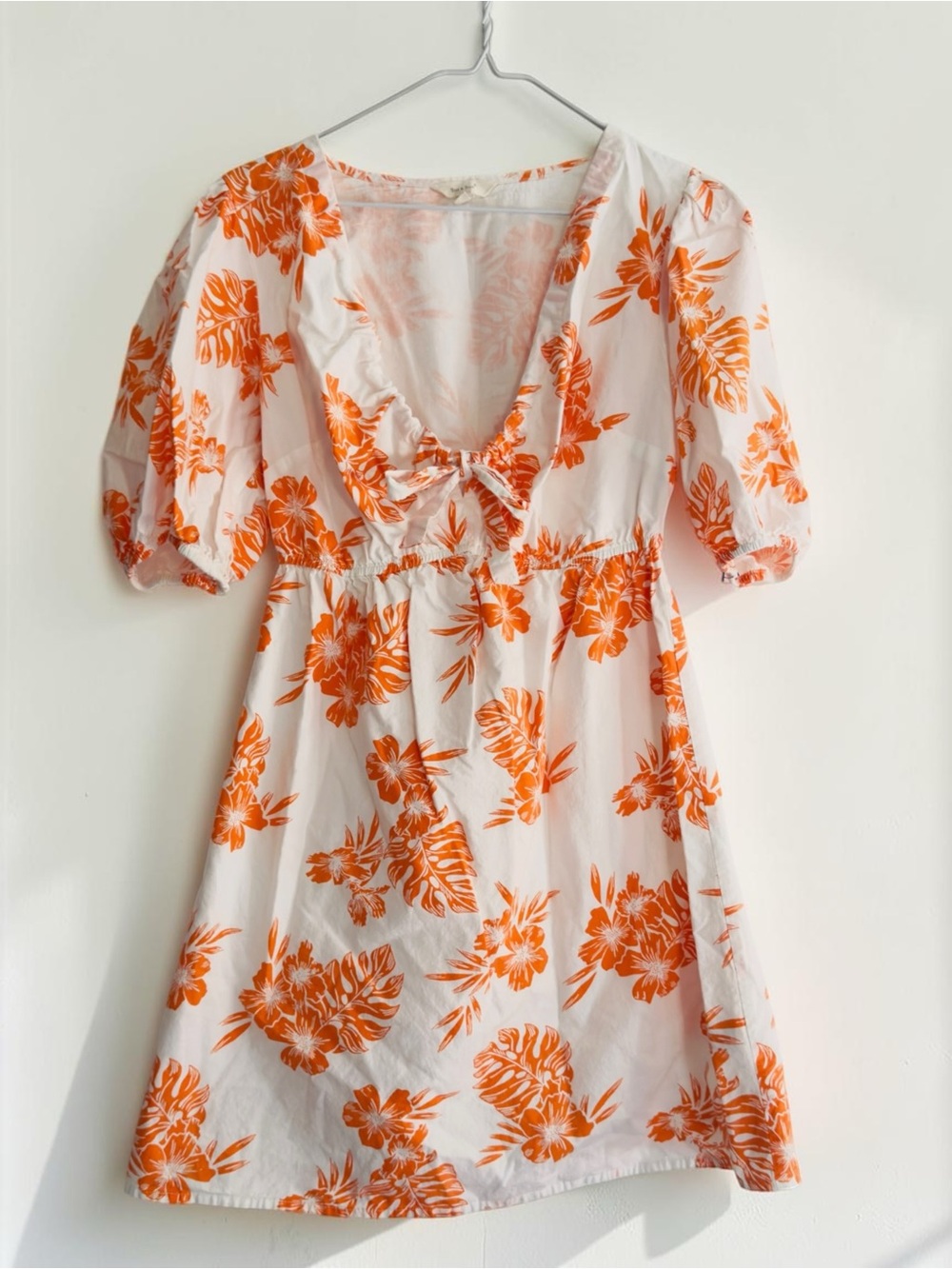 Sim & Sam Orange Tropical Floral 100 Cotton Mini Dress Size M Puff Sleeve Lined